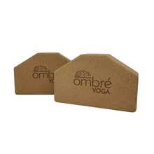 Load image into Gallery viewer, Cork yoga blocks with ombré Yoga logo, tan-brown pair